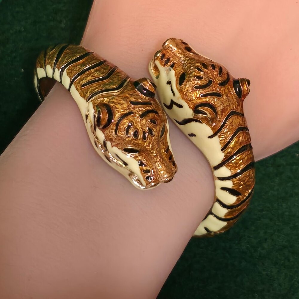 Kenneth Jay Lane Enamel Gold tone Yellow Tiger Bangle Bracelet with Watch